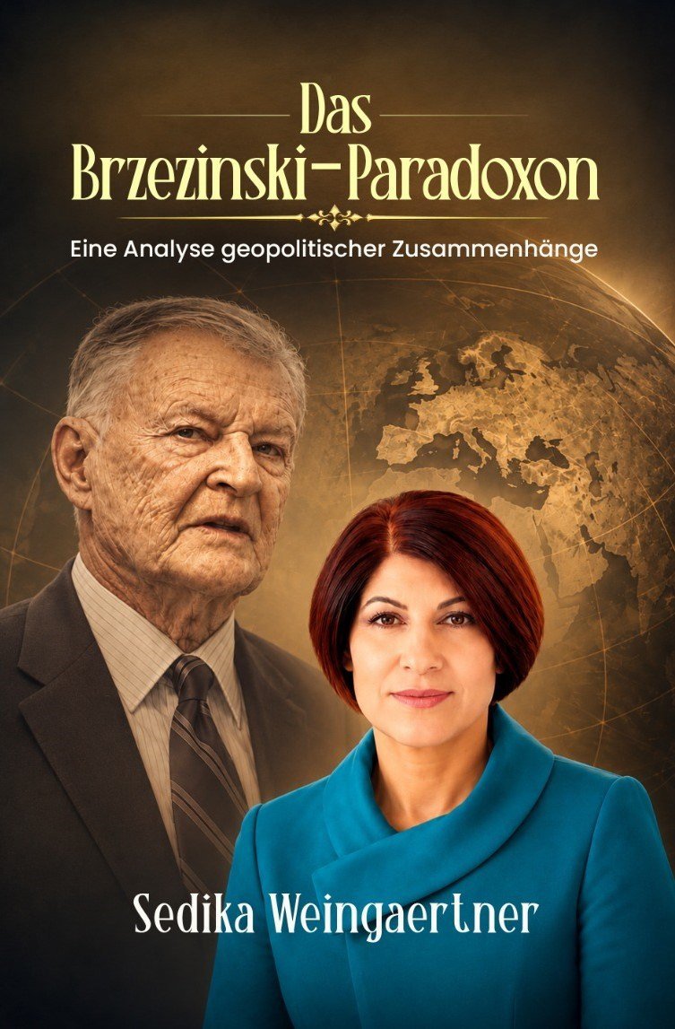 Cover of the German edition, Das Brzezinski-Paradoxon, by Sedika Weingärtner: Zbigniew Brzezinski and the author before a sepia globe.