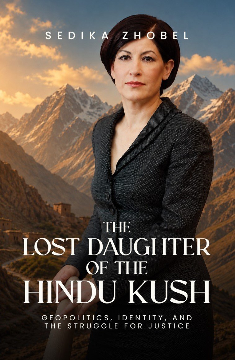 Cover of The Lost Daughter of the Hindu Kush by Sedika Zhobel: the author in a dark suit before sunlit peaks of the Hindu Kush.
