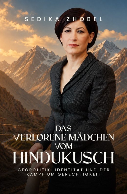 Cover of the German edition, Das verlorene Mädchen vom Hindukusch, by Sedika Zhobel: the author before the mountains of the Hindu Kush at dusk.